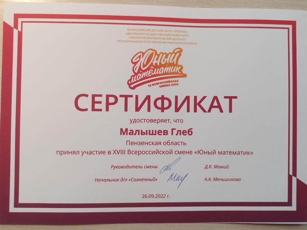 Сертификат. Участник Всероссийской смены «Юный математик»