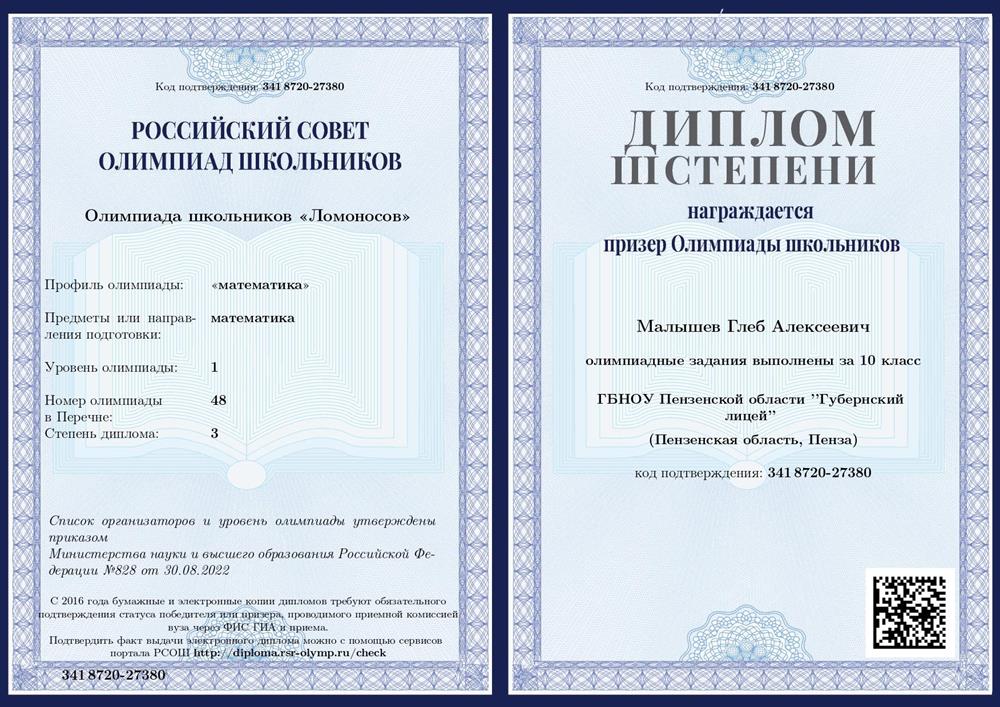 Диплом. Призер Олимпиады школьников «Ломоносов»