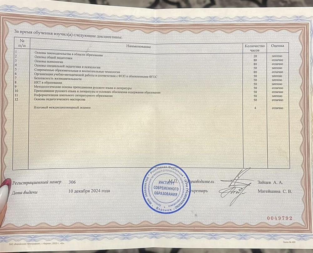Свидетельство о дополнительном образовании. Учитель русского языка и литературы 