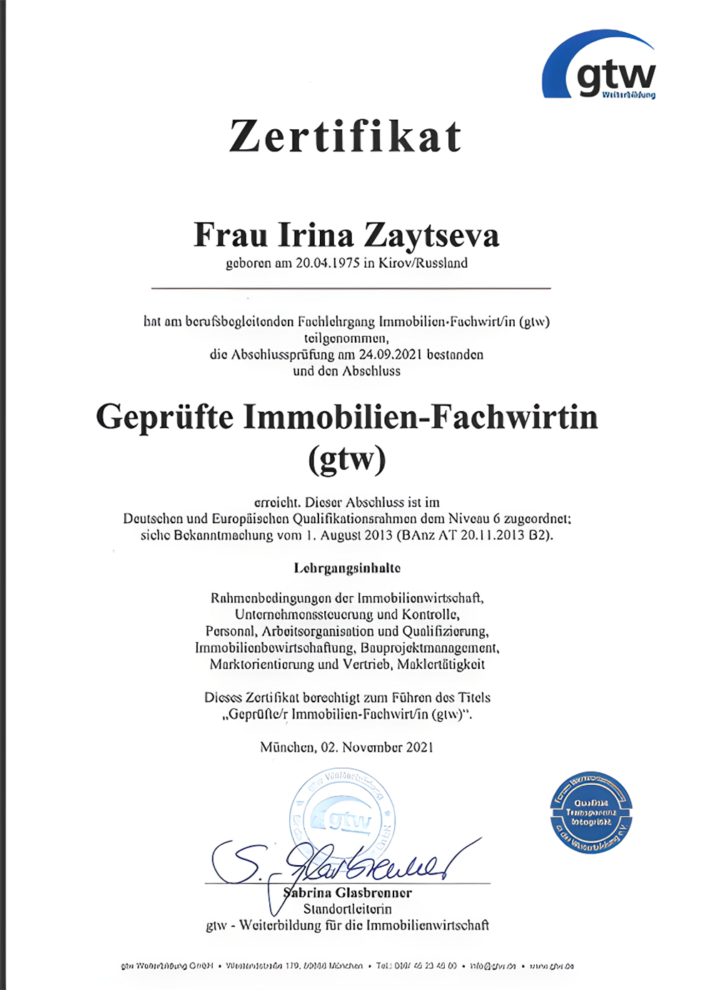 gtw - Weiterbildung fuer die Immobilienwirtschaft GmbH, Gepruefte Immobilienfachwirtin