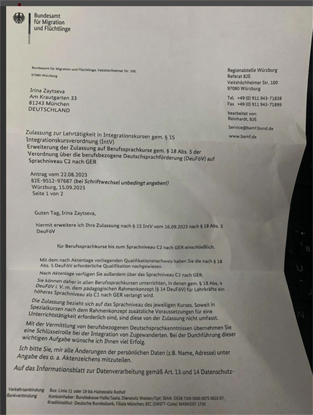 BAMF Zulassung auf Berufssprachkurse gem. 18 Abs. §5 DeuFoV Sprachniveau C2  nach GER / Разрешение на проведение языковых курсов с проф. ориентацией, уровень С2 по GER