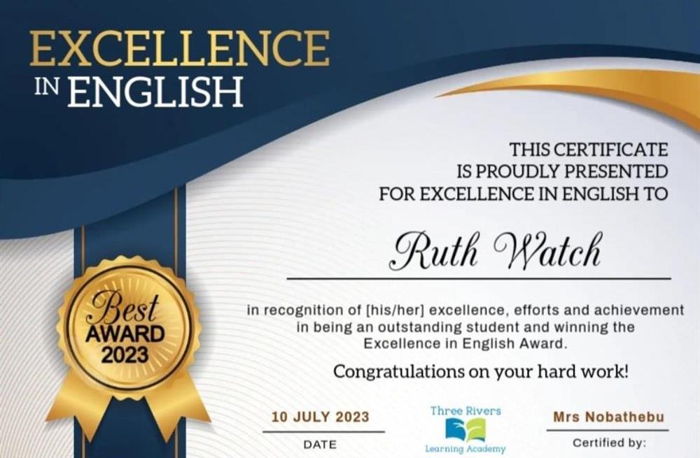 Certificate showing that im a highly qualified english teacher obtained from Three Rivers Learning Academy  in South Africa 