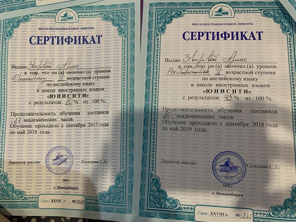 Сертификат. Школа ин. Яз