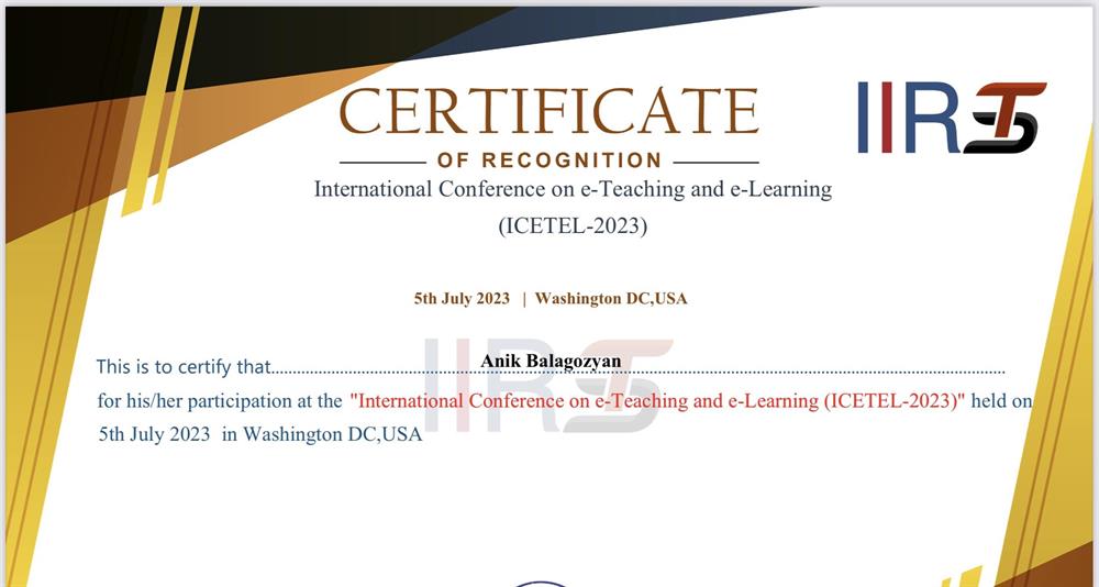 Certificate of recognition international conference on e-teaching and e-learning 