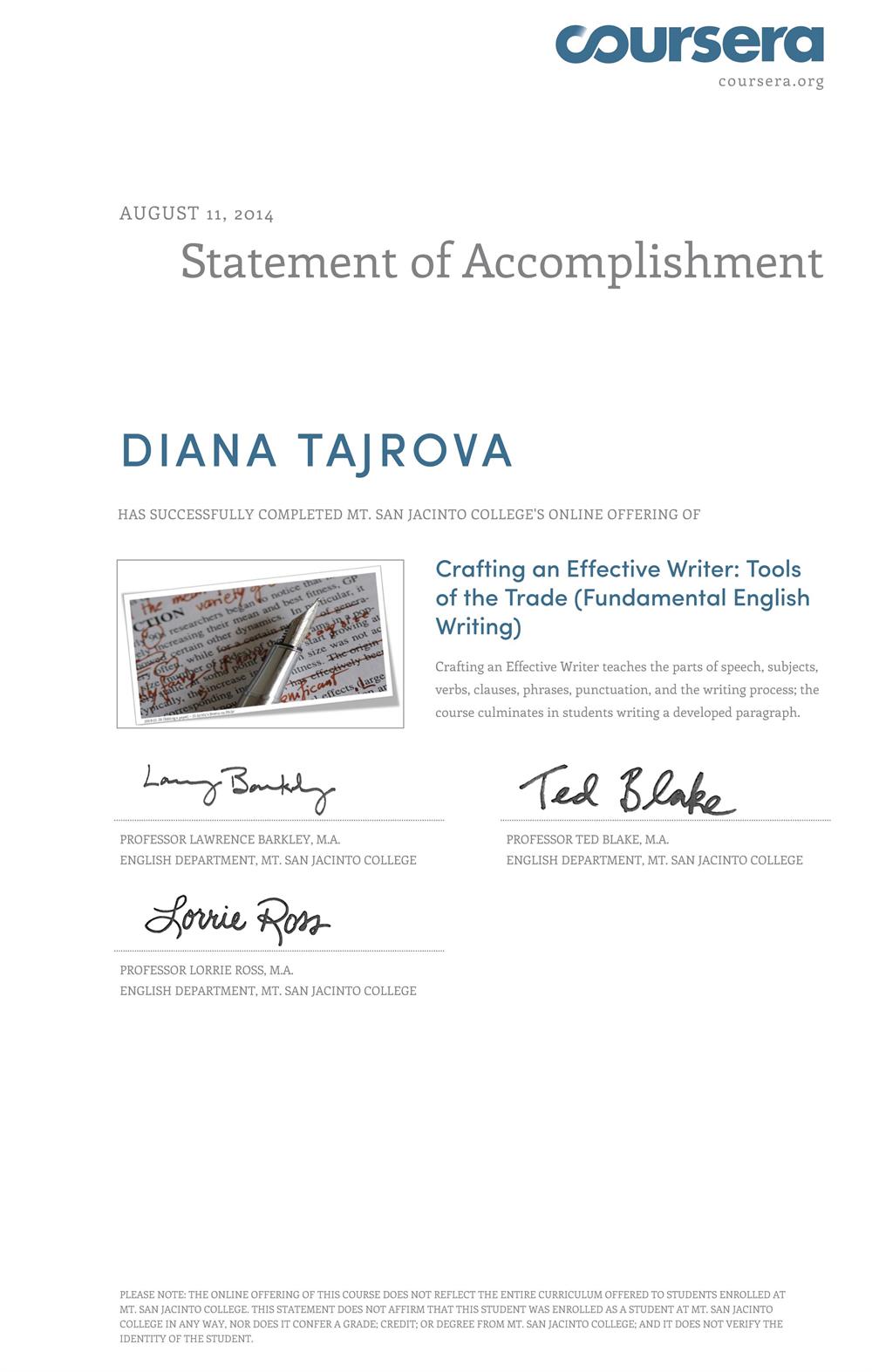Coursera Statement of Accomplishment