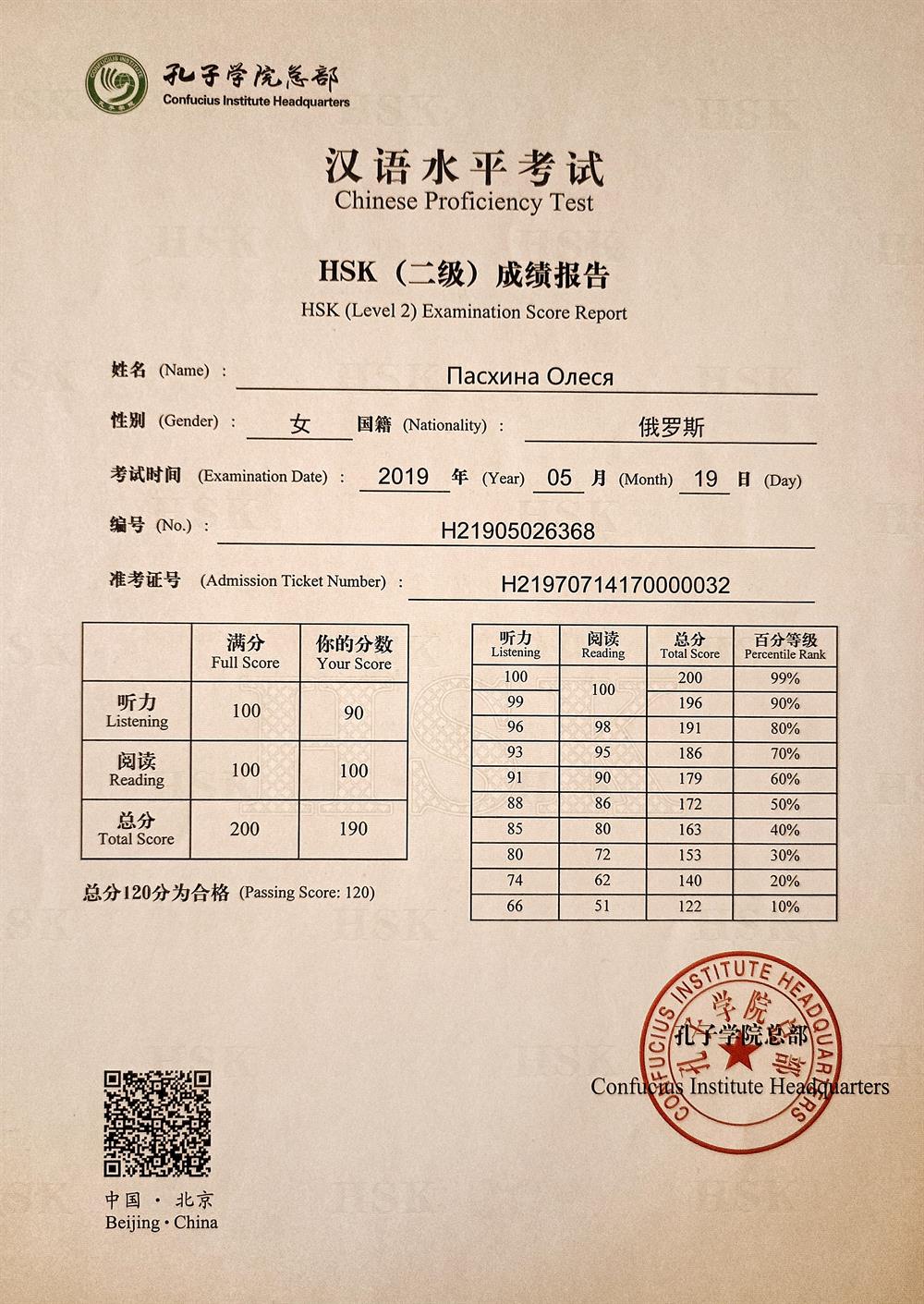 Сертификат. HSK 2