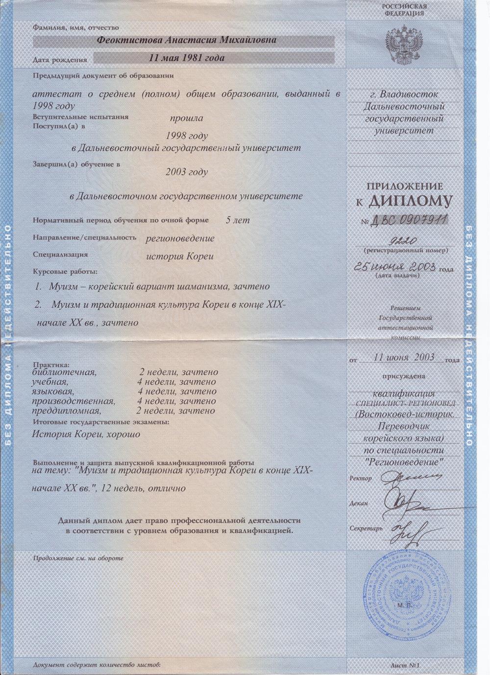 Вкладыш/диплом