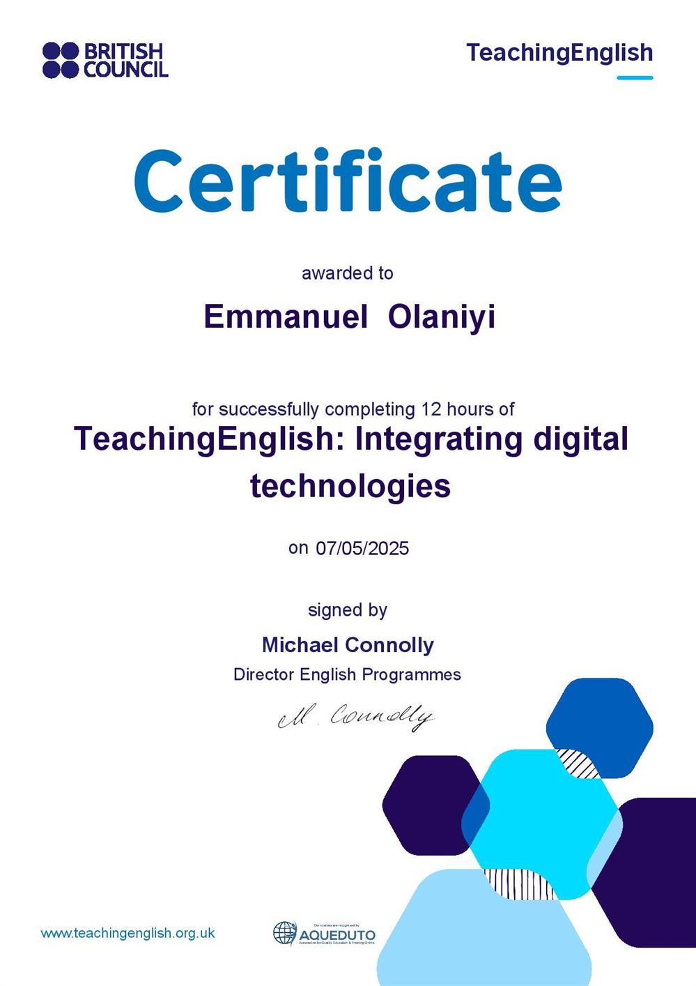 Сертификат. Teaching English: Integrating digital technologies