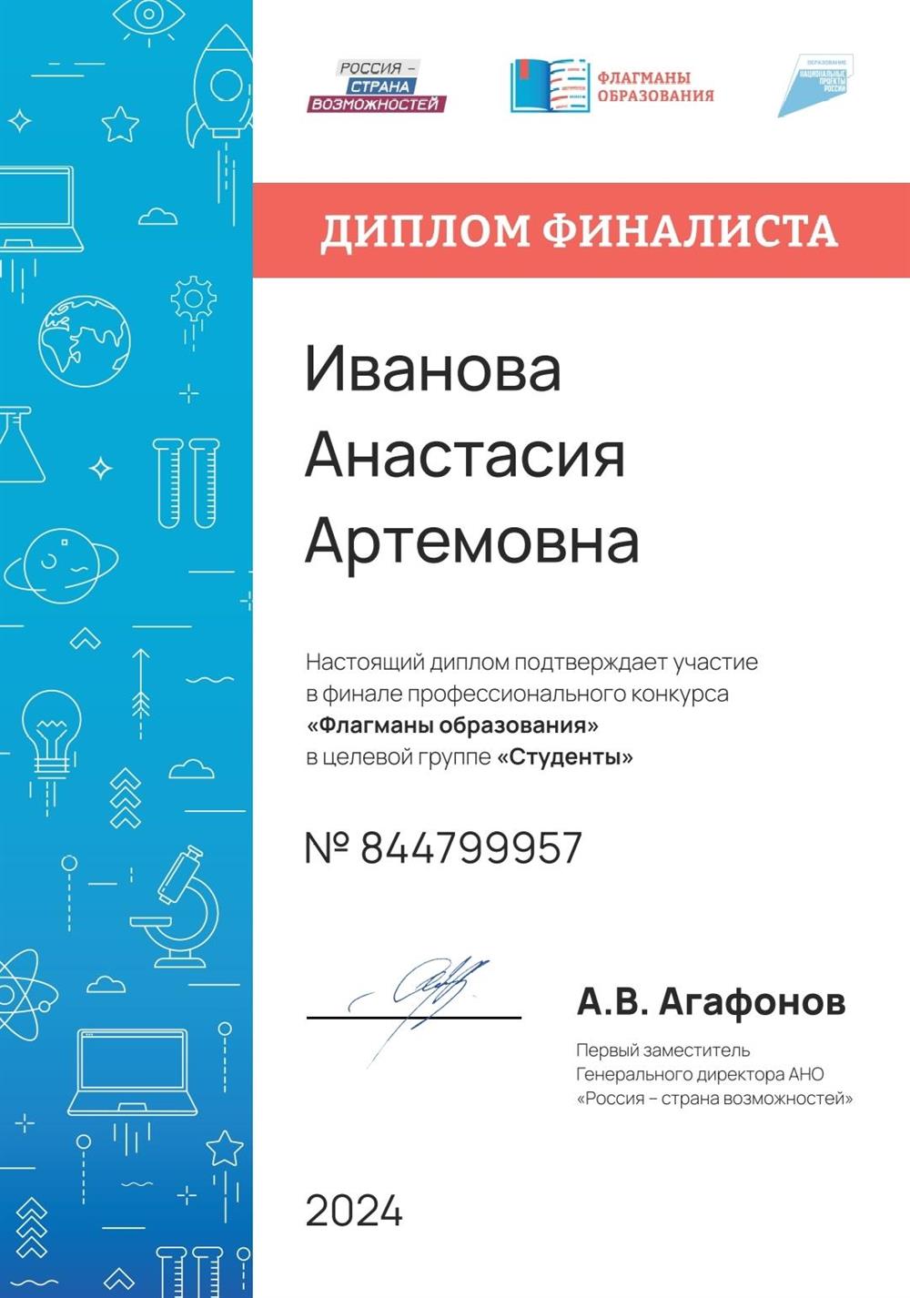 Диплом финалиста Всероссийского профессионального конкурса, на платформе "Россия - страна возможностей", трек " Флагманы образования", 2024 год. 