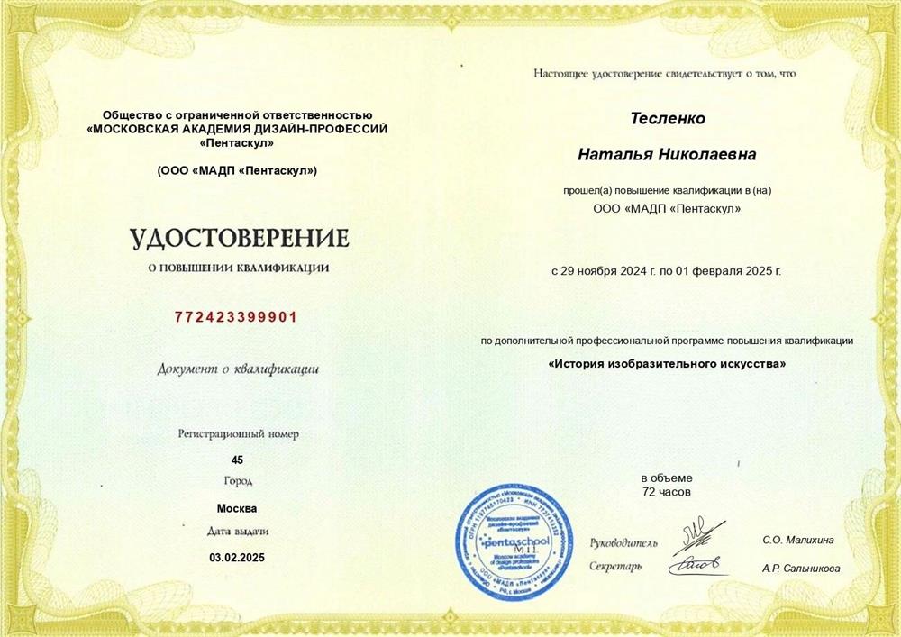 Удостоверение о повышении квалификации, история изобразительного искусства