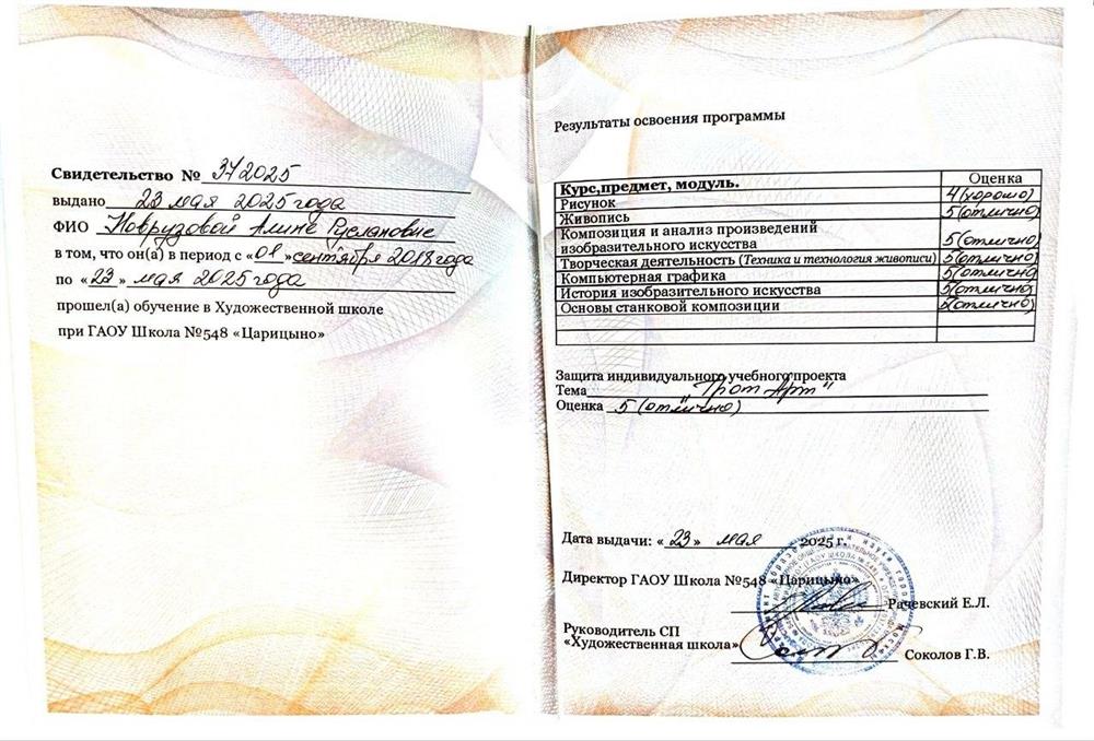 Диплом об окончании художественной школы 