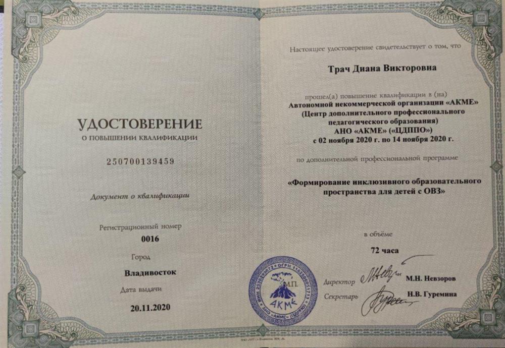 Удостоверение об инклюзивном образовании для детей с ОВЗ