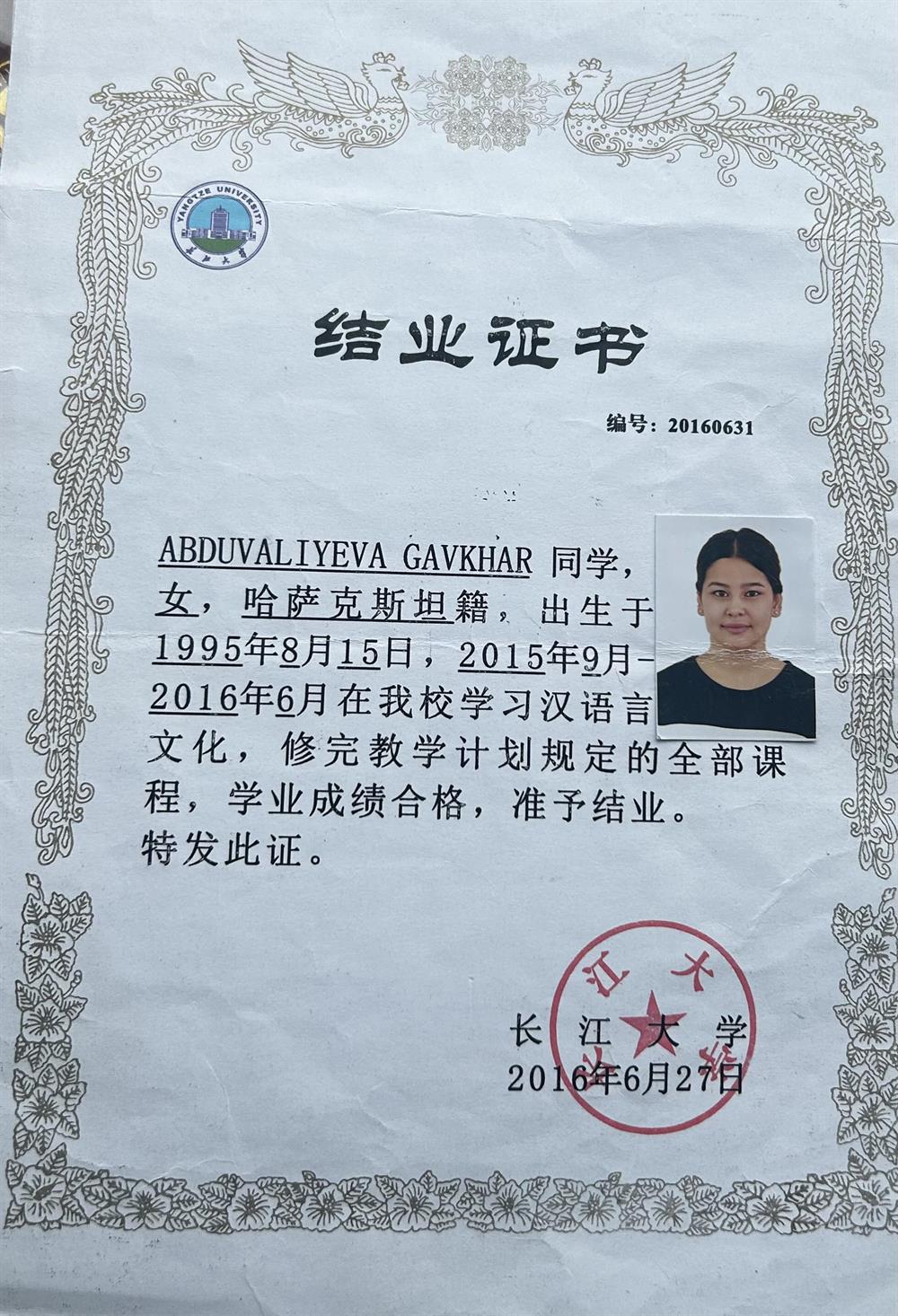 Сертификат Янцыского университета 