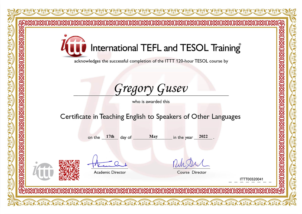 "Teaching English to Speakers of Other Languages"certificate