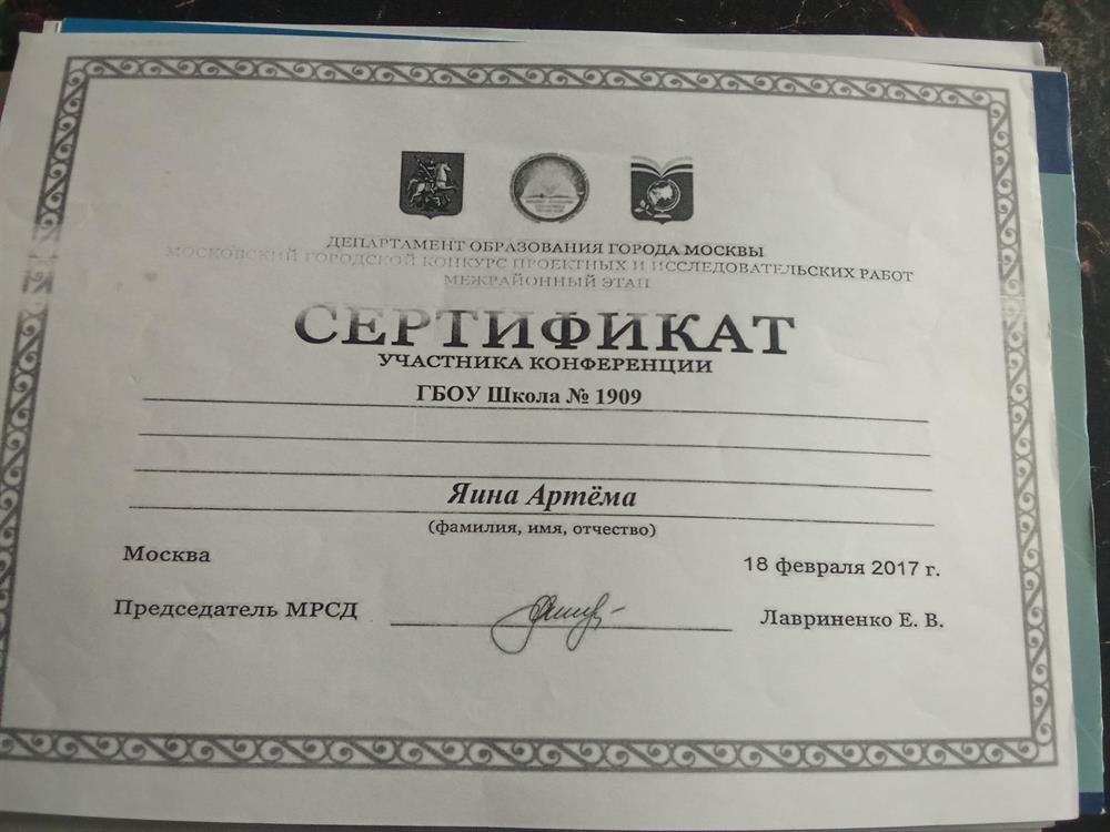 Сертификат Проектная конференция, 9 класс.