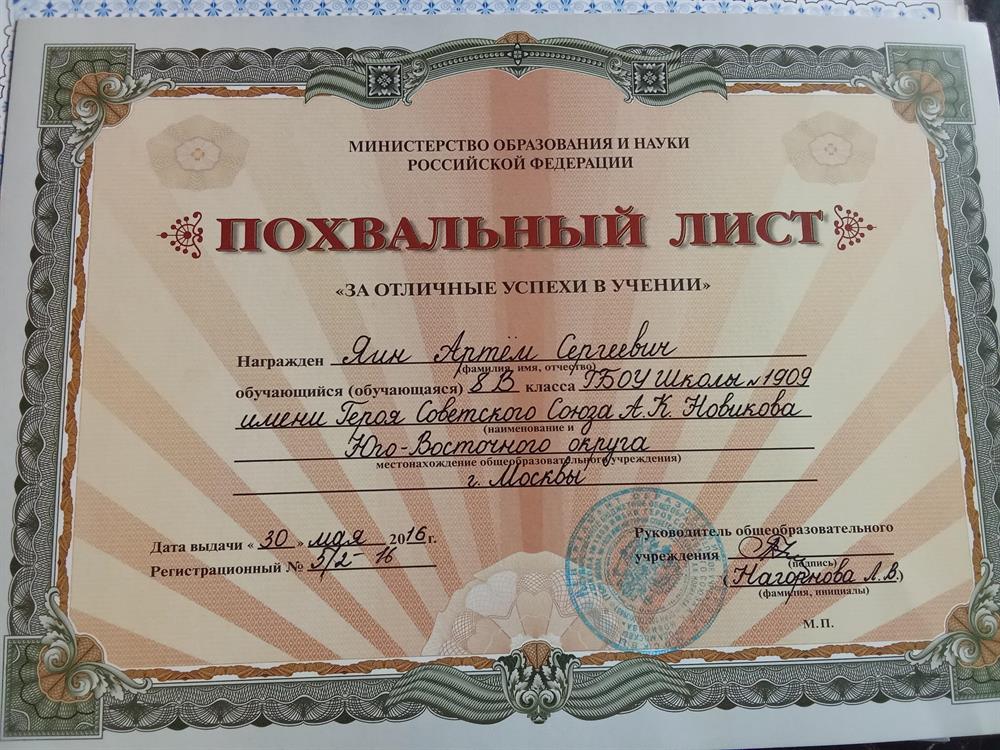 Похвальный лист, 8 класс.