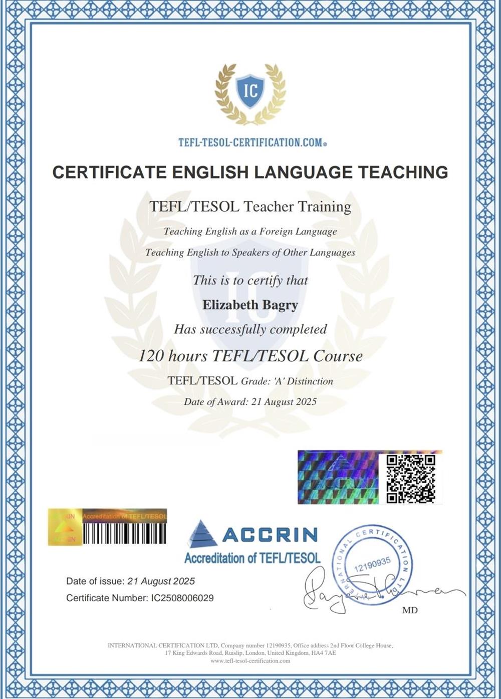 Сертификат. TEFL/TESOL Teacher training 