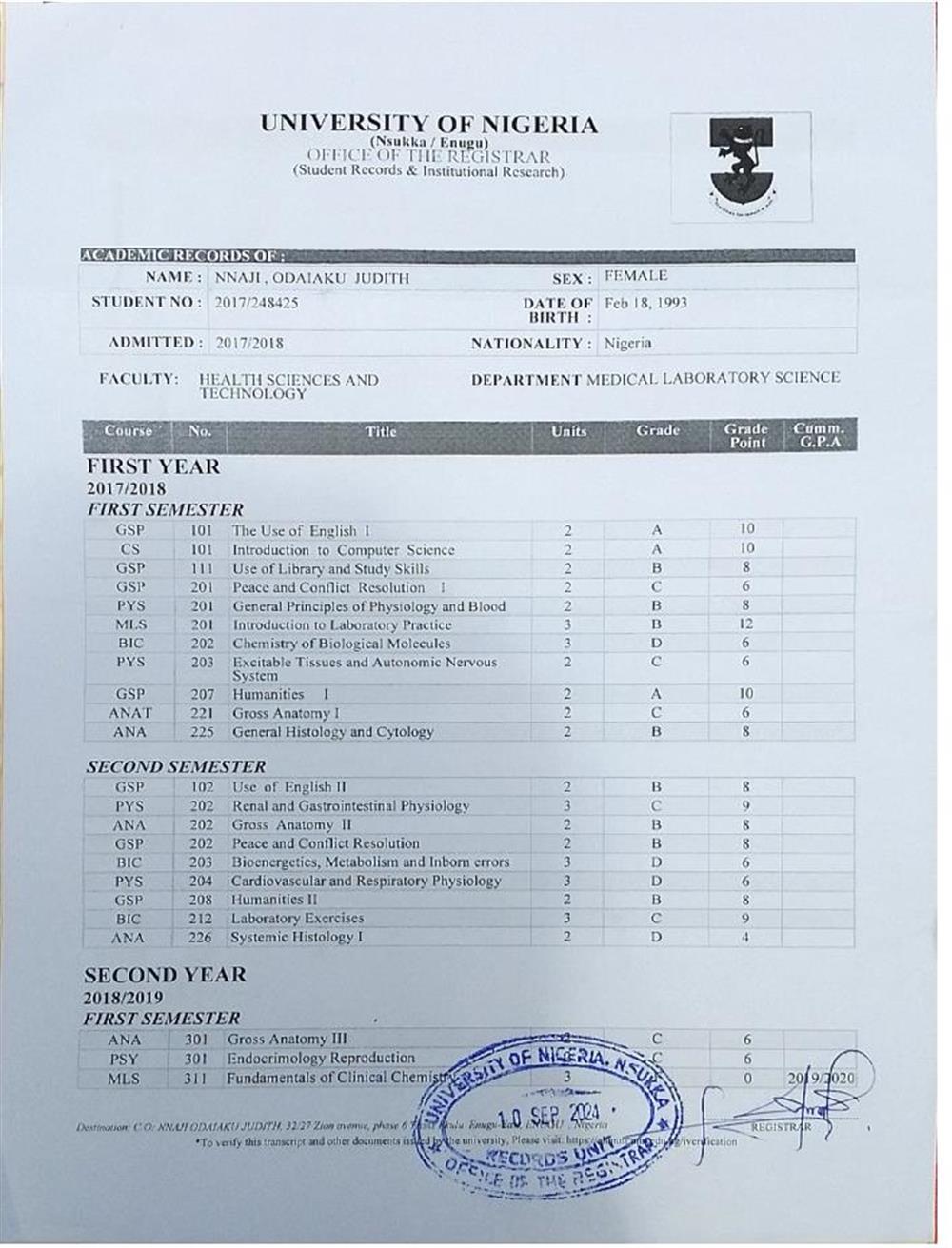 University Transcript first page