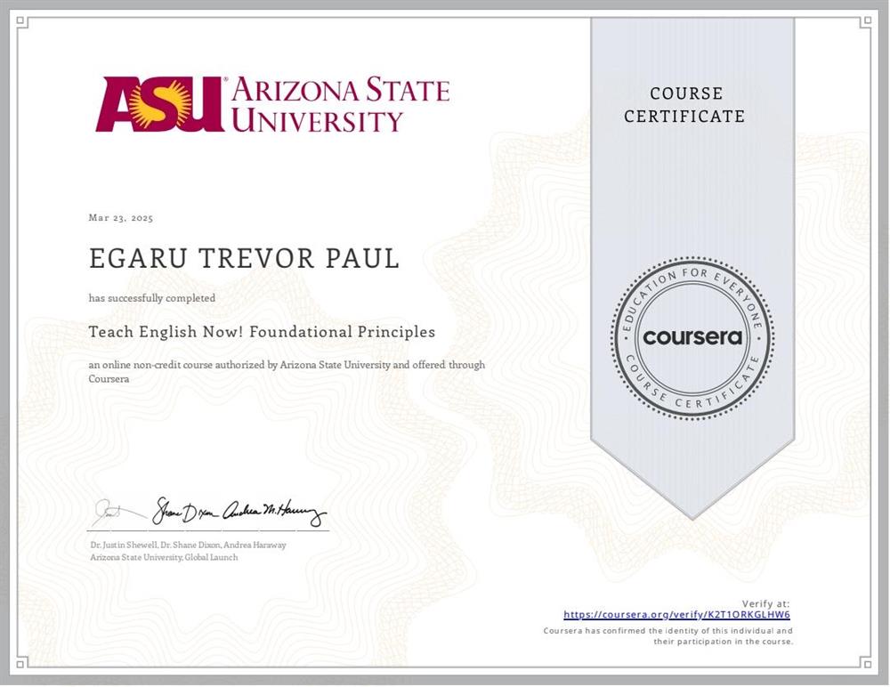 Сертификат. Arizona State University 