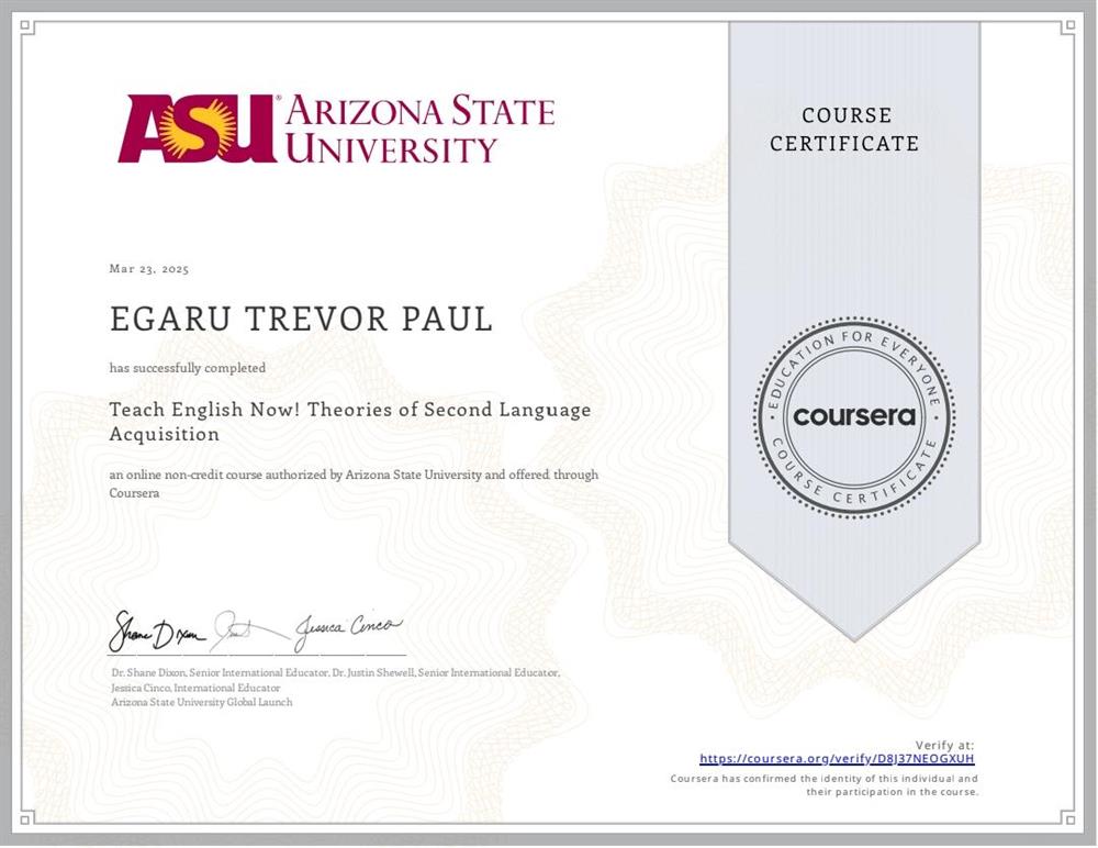 Сертификат. Arizona State University No.2