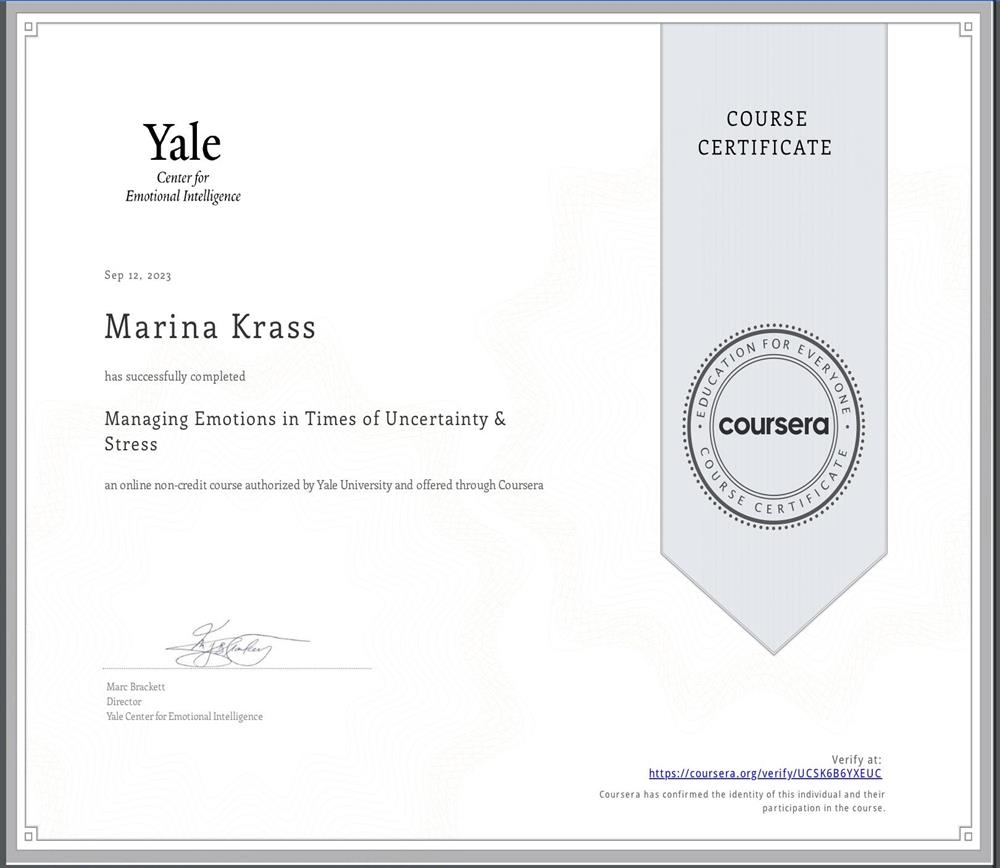 Сертификат. Yale University, USA