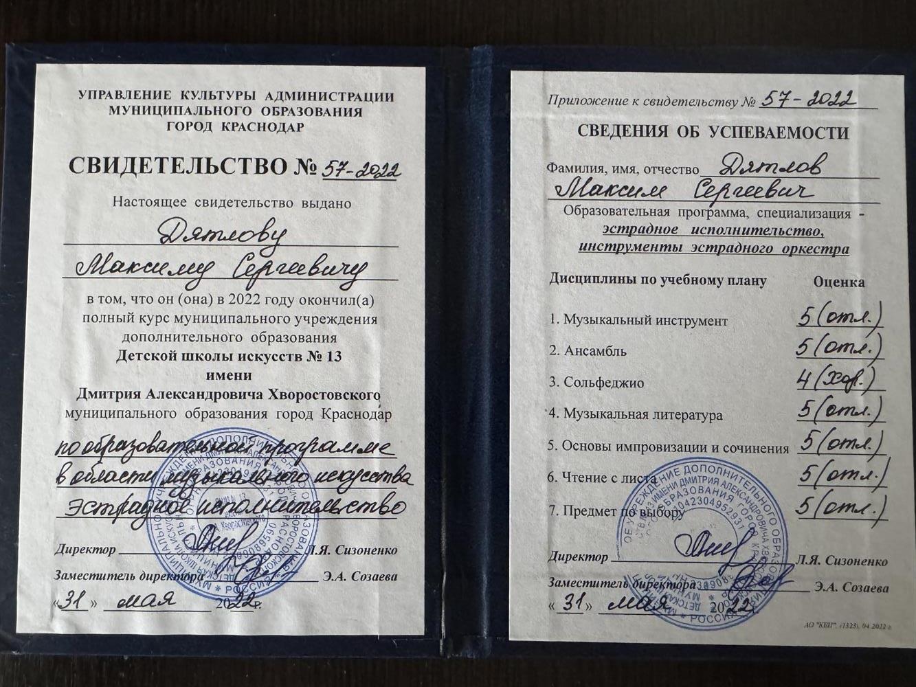 Свидетельство об окончании музыкальной школы эстрадное исполнительство 