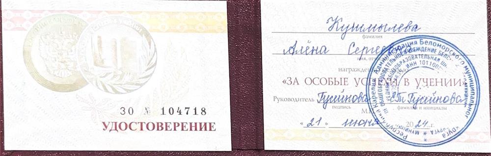 Удостоверение о золотой медали 
