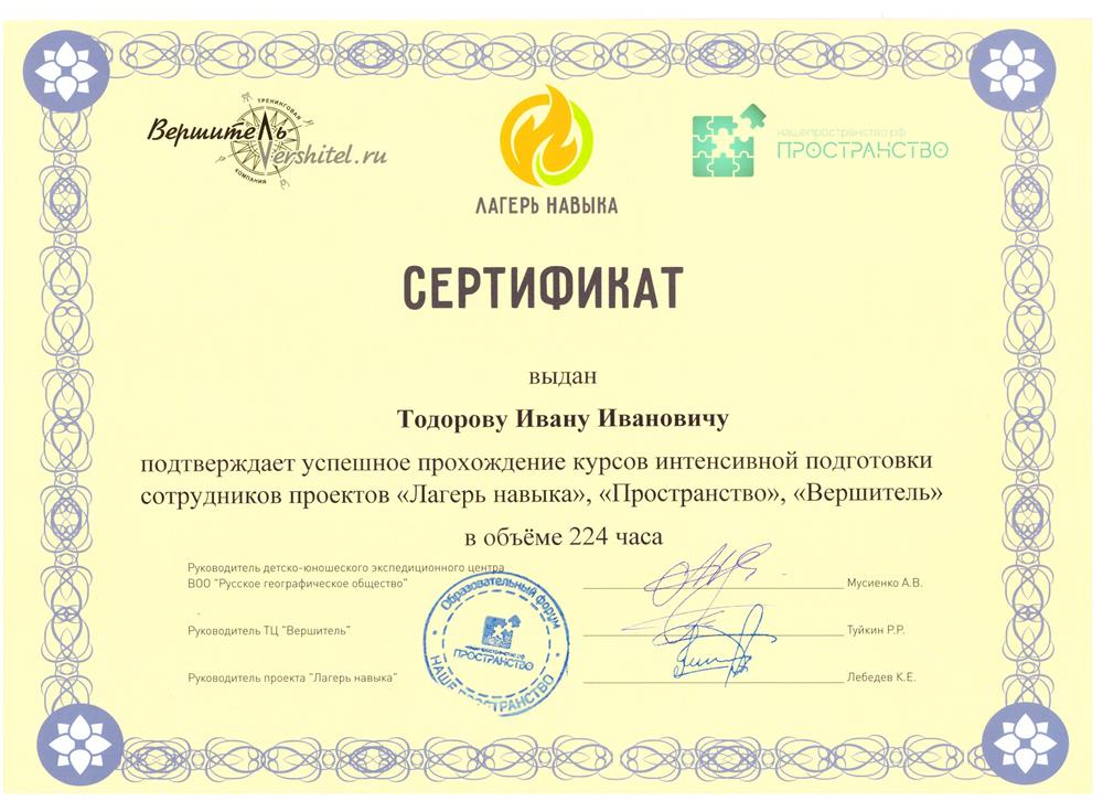 Сертификат "Лагерь навыка", "Вершитель", "Пространство"