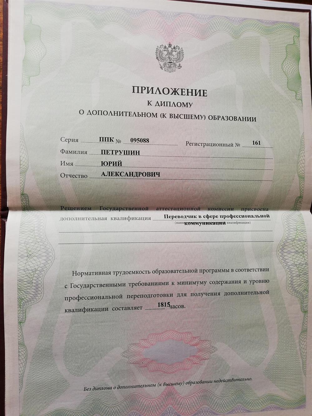 Диплом: технический переводчик (2008 г.)