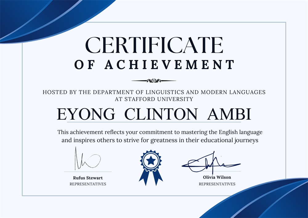This is an official Certificate of Participation issued by Stafford University’s Department of Linguistics and Modern Languages. It confirms my involvement in the English Language Competition held on march 2024, where I demonstrated skills in linguistic analysis, creative writing, and critical communication