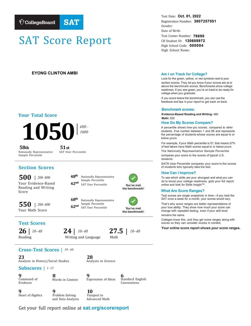 My SAT score report reflects a strong aptitude in critical reading and writing, essential skills for effective communication and instruction. The evidence-Based Reading and Writing score of 500 and Math score of 550, resulting in a total score of 1050. This performance underscores my ability to analyze complex texts, synthesize information, and communicate ideas clearly and effectively – qualities I believe are highly valuable in fostering a positive and engaging learning environment for students of English.