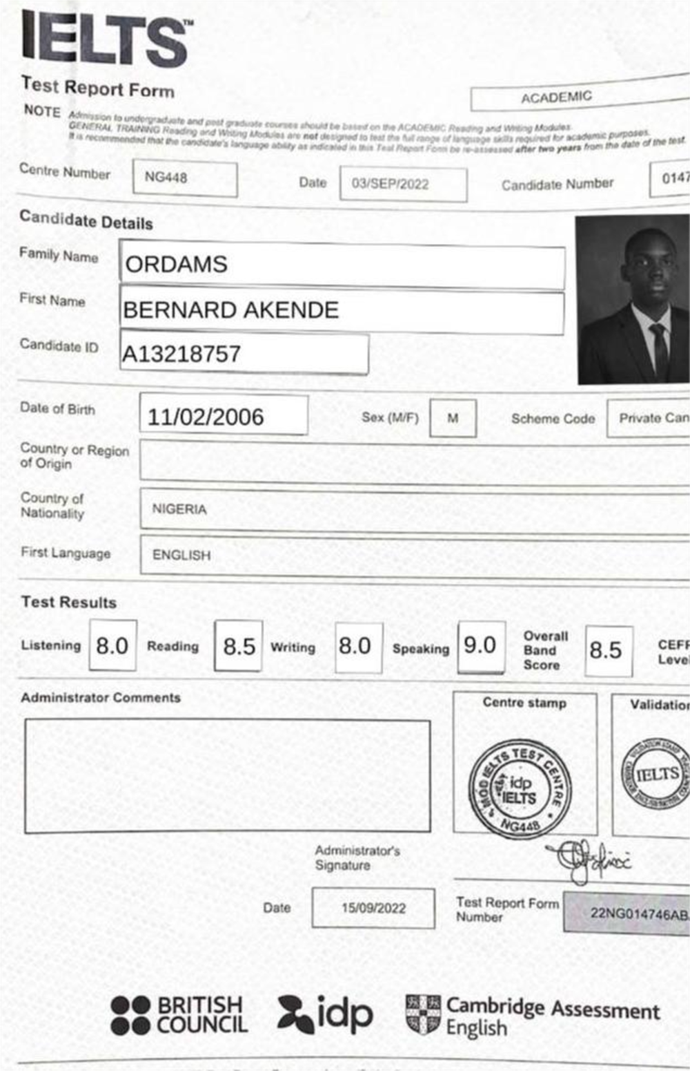 Сертификат. IELTS TEST RESULT FORM