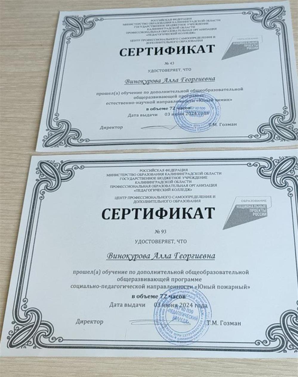 Сертификаты о прохождении курсов "Юный пожарный" и "Юный химик"