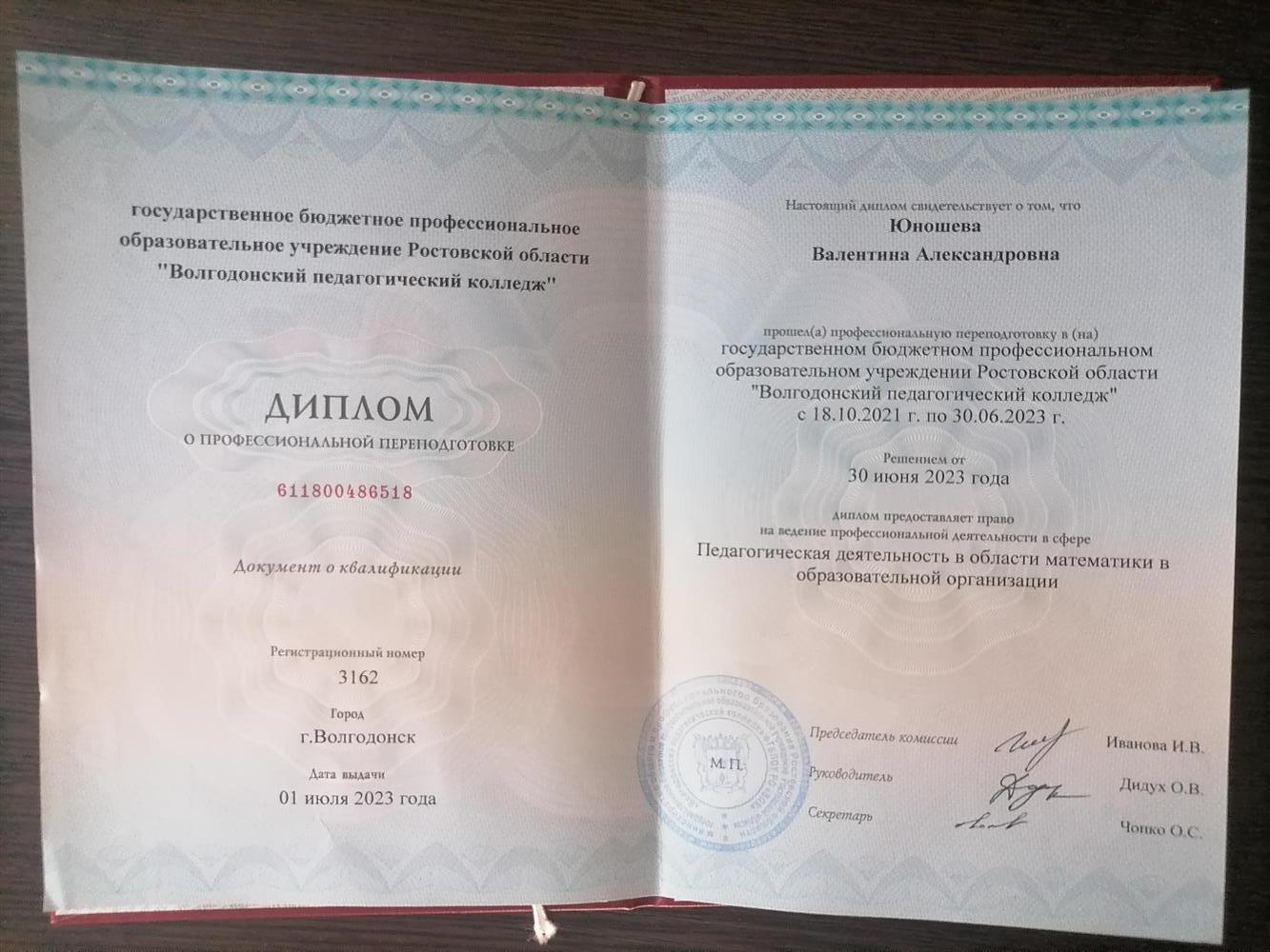 Диплом в области математики в образовательной организации 