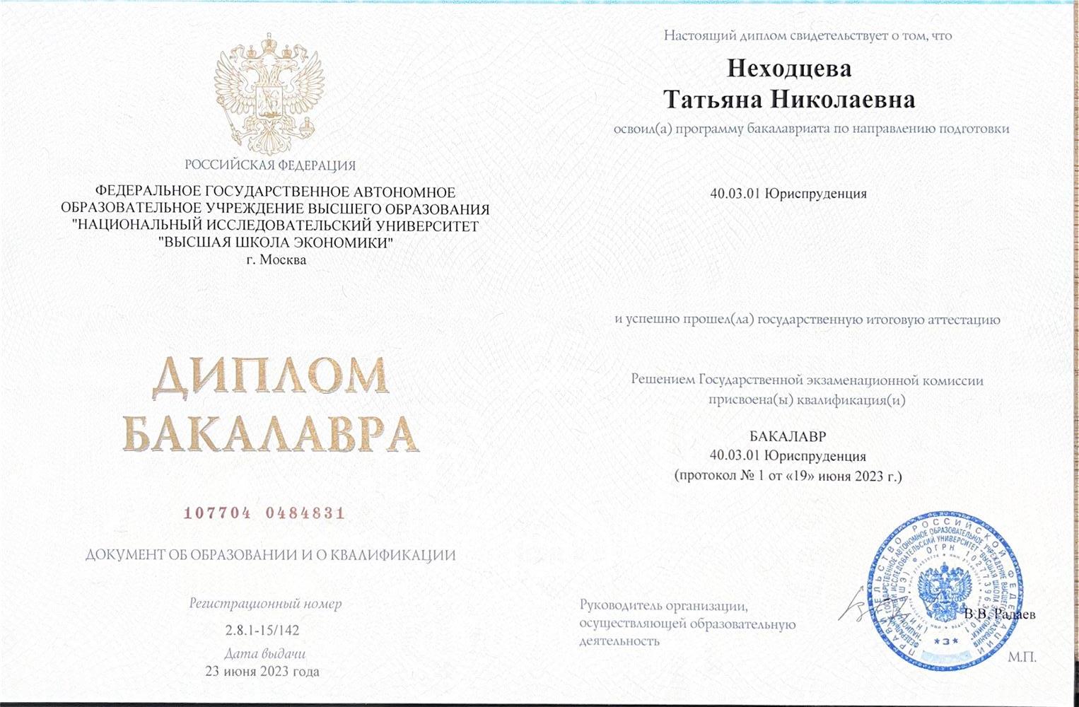 Диплом бакалавра НИУ ВШЭ, Факультет права 2019-2023