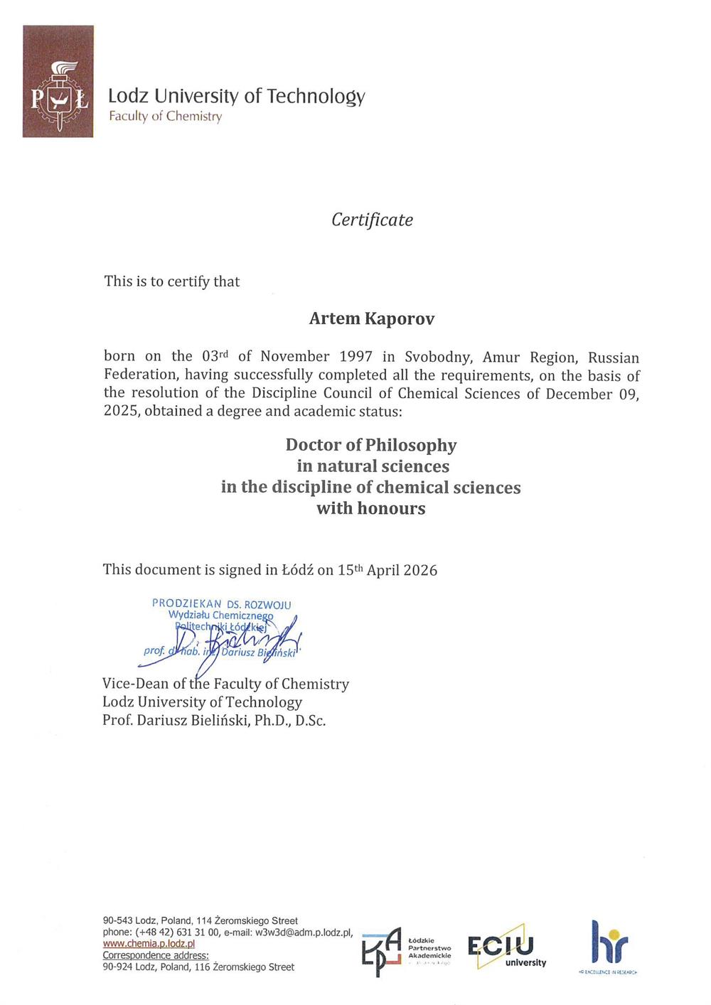 PhD Certificate | Lodz University of Technology