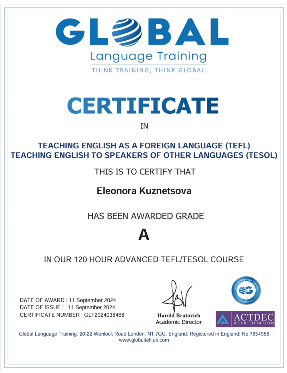 Сертификат TEFL/TESOL (Teaching English as a Foreign/Second Language)
Международный сертификат, подтверждающий квалификацию преподавателя английского языка как иностранного. Подтверждает владение современными методиками обучения, умение работать с учениками разного возраста и уровня подготовки. Получен после успешного прохождения аккредитованного курса.