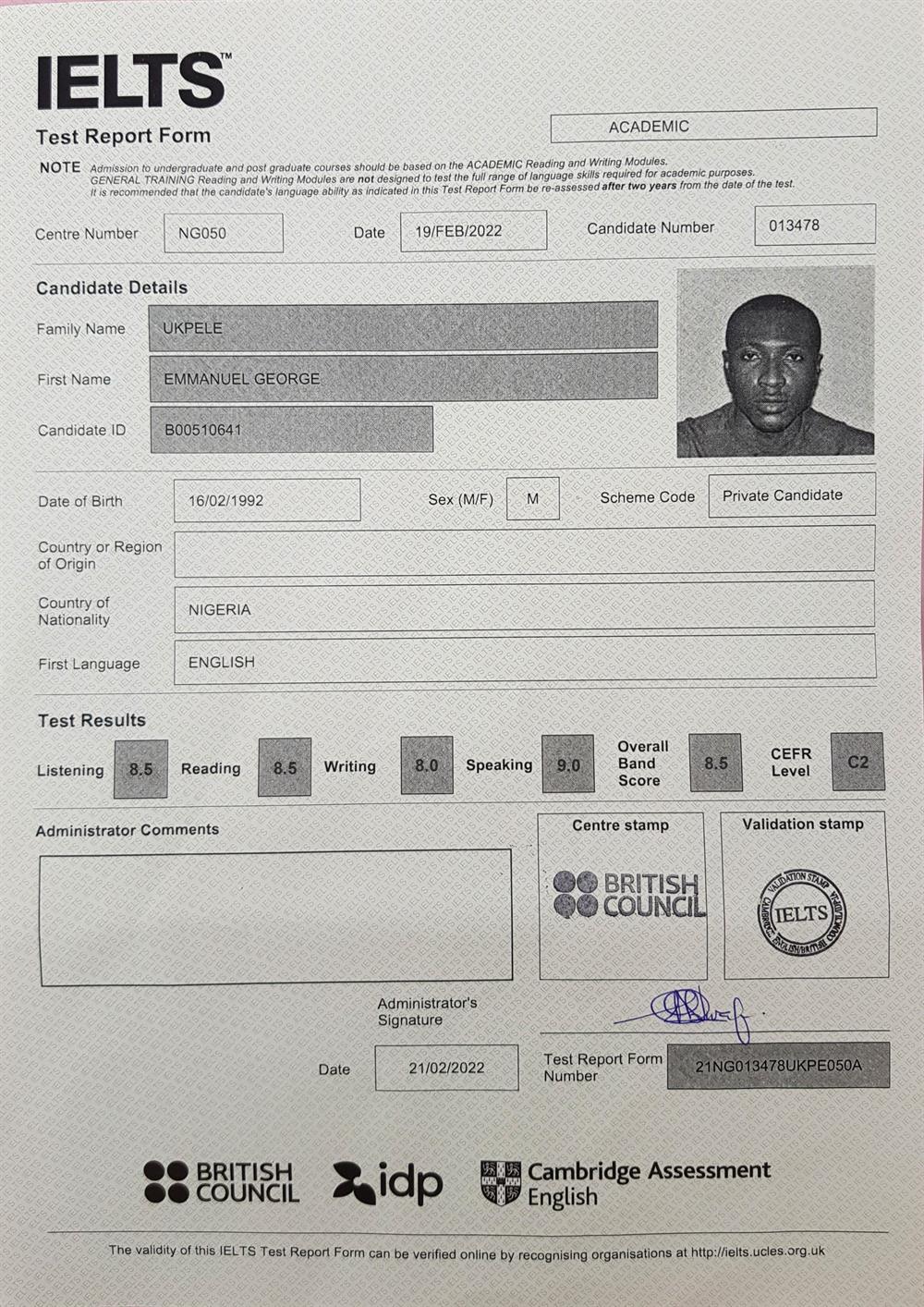 IELTS Academic C2 level certificate