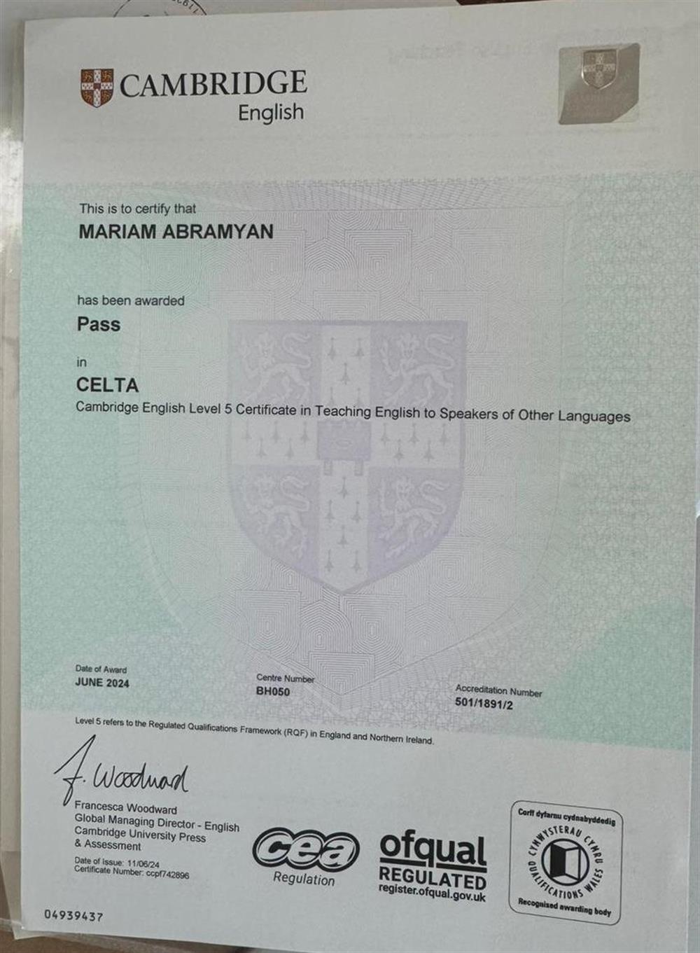 CELTA Certificate (Certificate in Teaching English to Speakers of Other Languages)