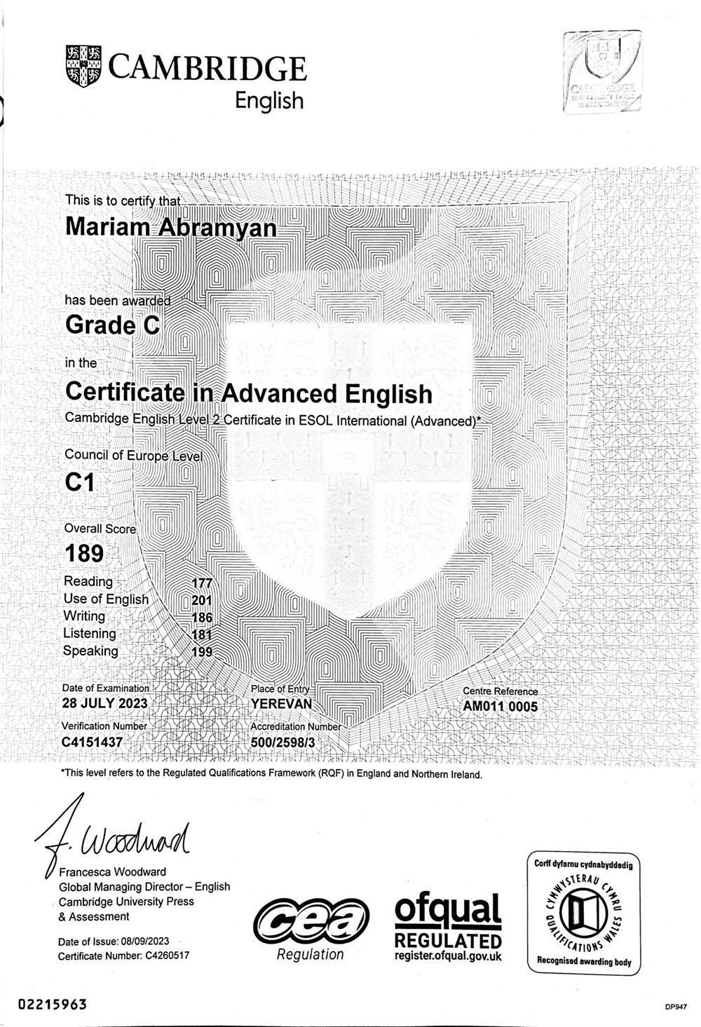 Certificate in Advanced English 