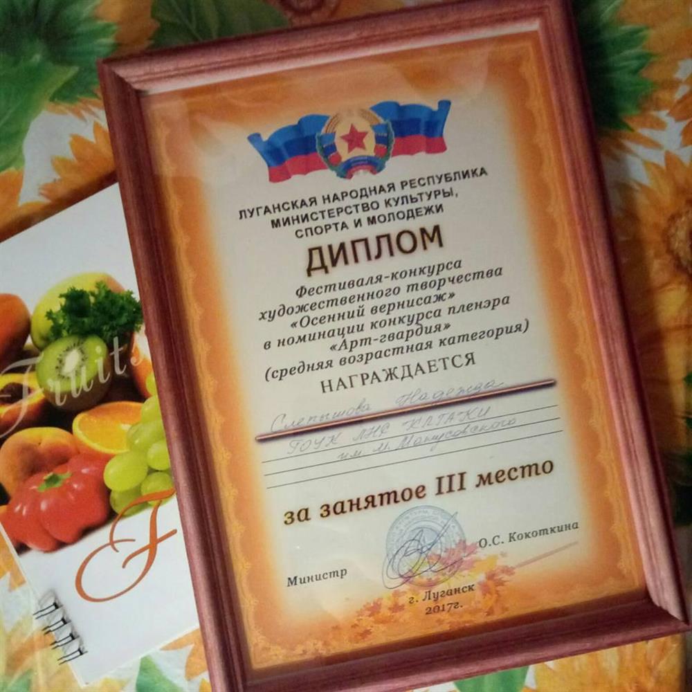 диплом с призовым местом в творческом конкурсе
