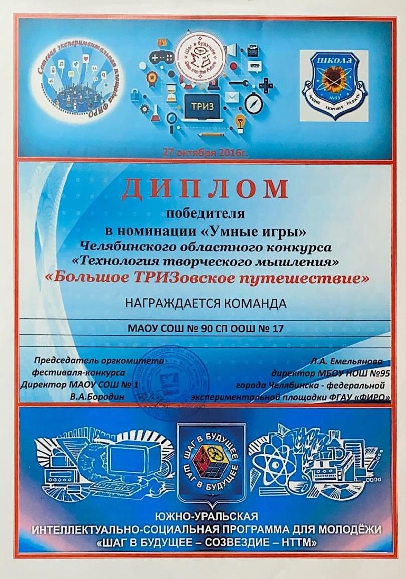Диплом победителя конкурс "Технолгии творческоого мышления"