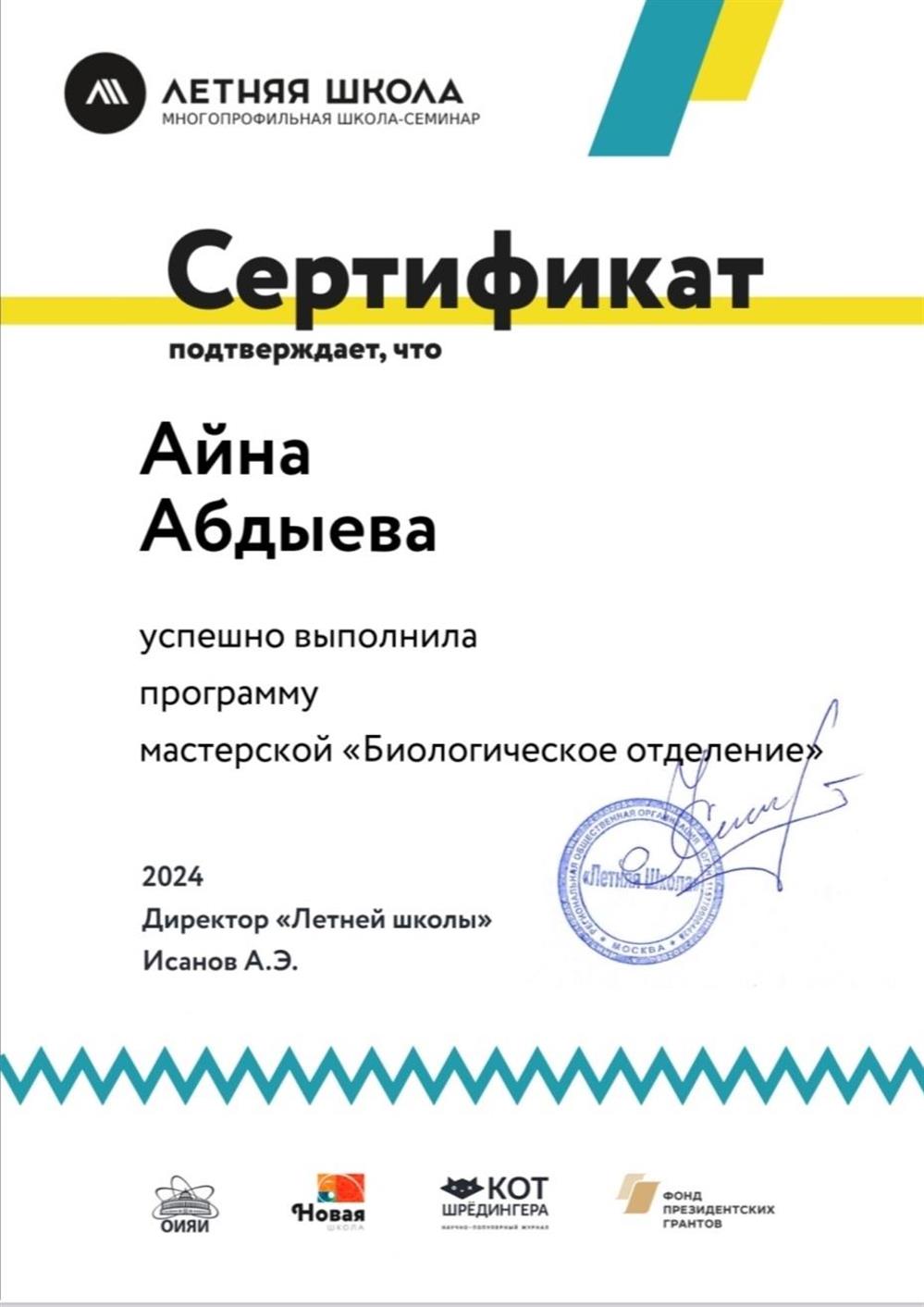Сертификат Летней школы