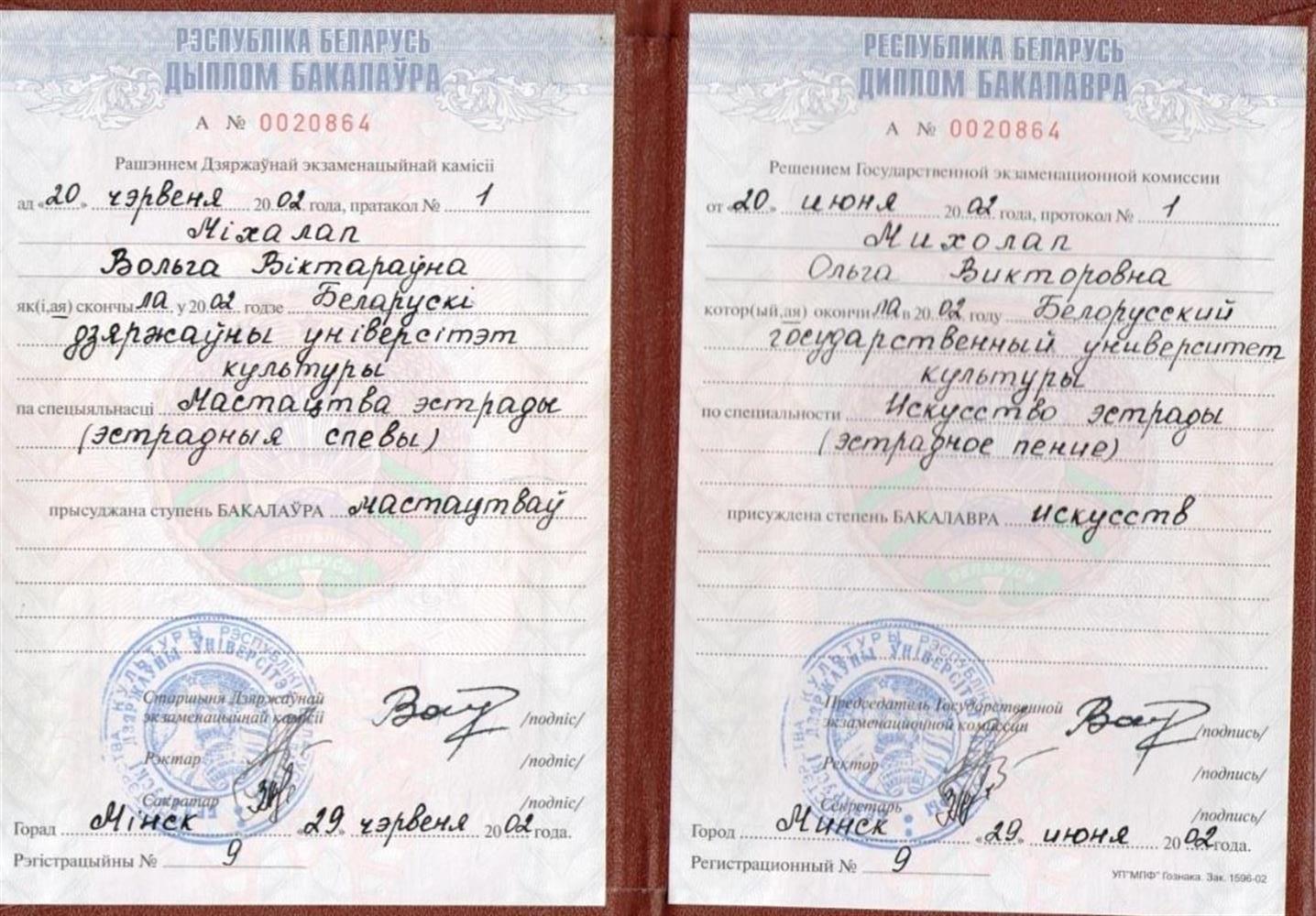 Диплом. Белорусский государственный университет культуры. Бакалавр искусств.