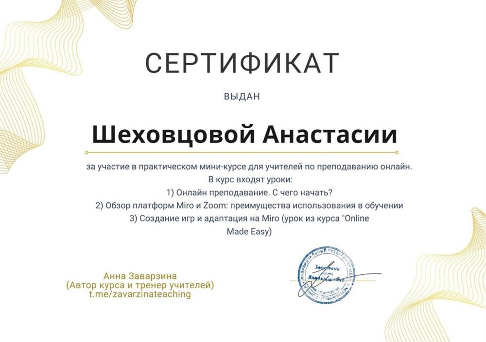 Сертификат о прохождении мини-курса по преподаванию онлайн