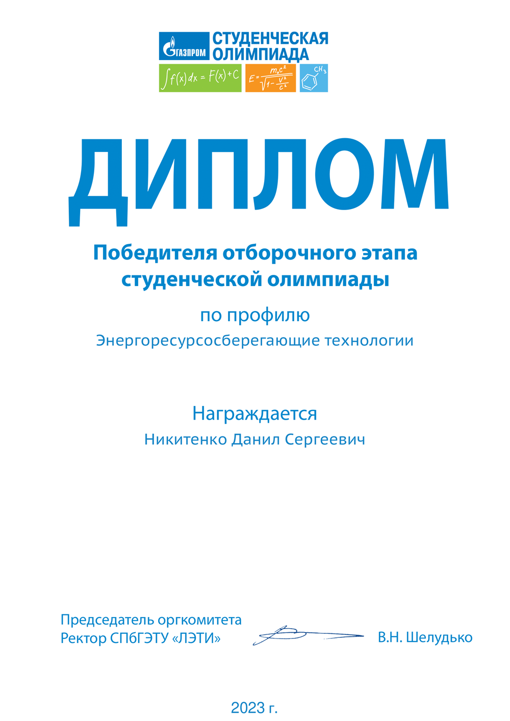 Диплом победителя отборочного тура студенческой олимпиады 