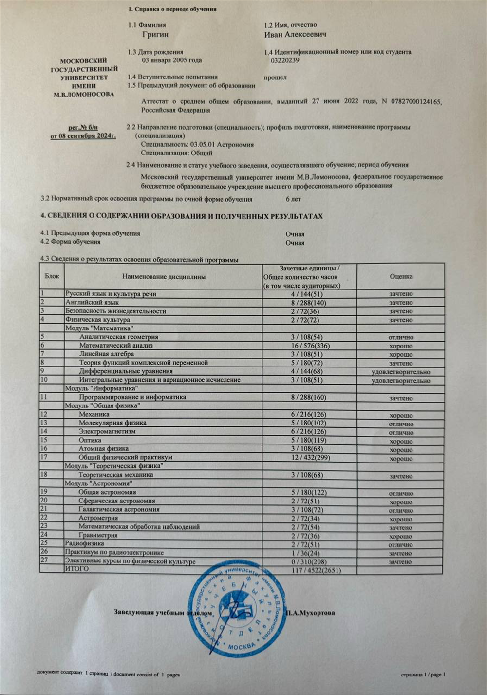 Справка о периоде обучения МГУ