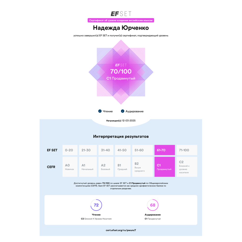 EF SET Certificate — C1 Advanced (70/100)