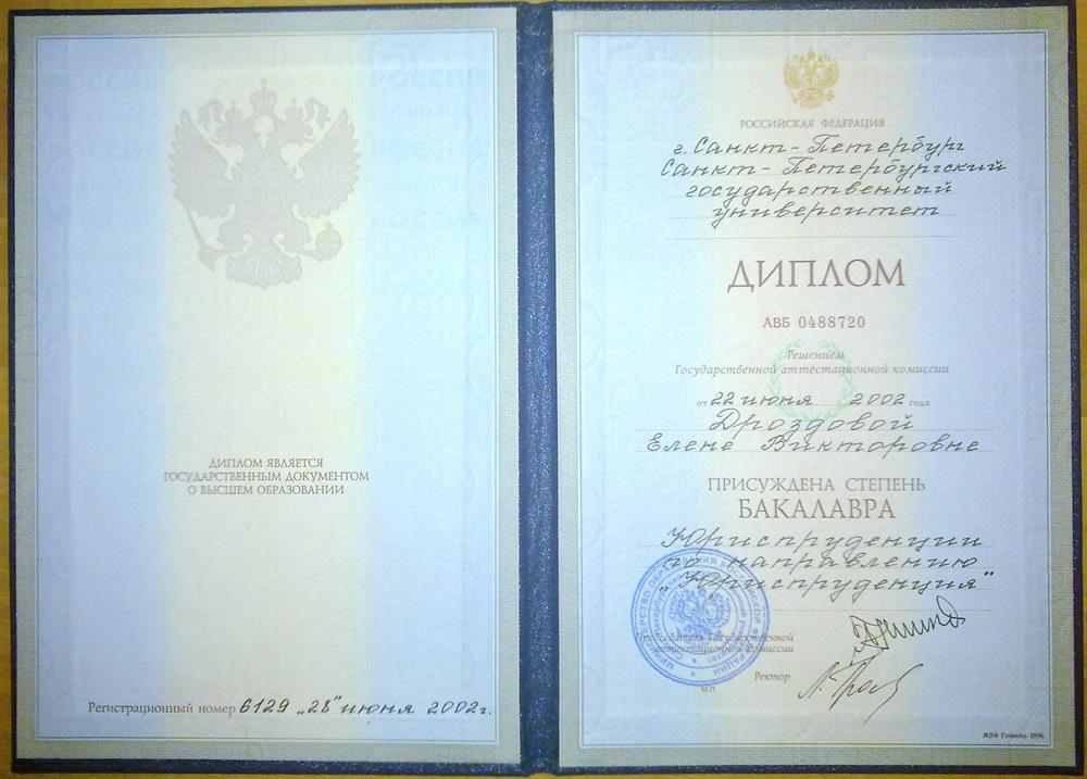 Диплом бакалавра юриспруденции СПбГУ