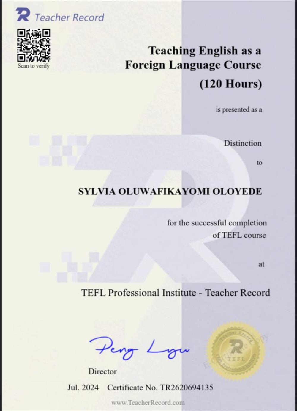 TEFL Certificate which showcases the successful completion of the course: Teaching English as a Foreign Language. 